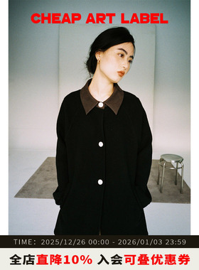 cheap art label 黑色羊毛立绒毛呢贝扣刺绣廓形外套女25秋季新款