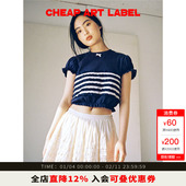 cheap art label藏青色重工泡泡袖 金靖同款 花边设计上衣女T恤新款