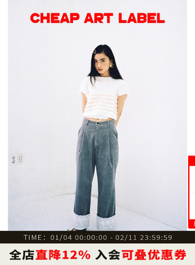 cheap art label 蓝绿色灯芯绒蕾丝翻边直筒休闲裤女2025秋季新款
