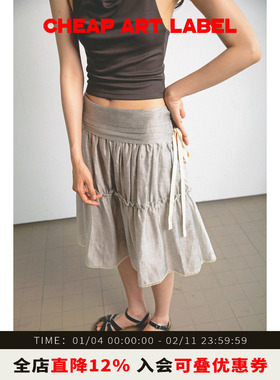 cheap art label 浅灰色手工印染半透明捏褶细带蓬蓬半身裙25新款