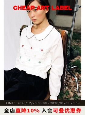 cheap art label微收腰抽褶可爱娃娃领衬衫手工钉珠上衣女25冬季