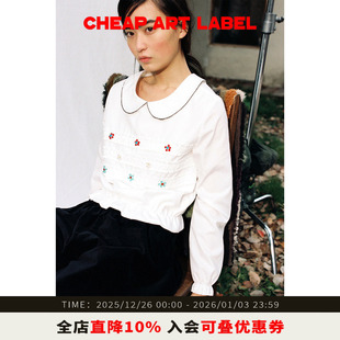 手工钉珠上衣女25冬季 label微收腰抽褶可爱娃娃领衬衫 art cheap