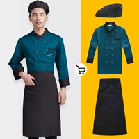 Синий лонгслив, черная юбка в складку, фартук, черный берет