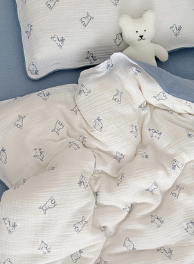 儿童被套单件全棉双层皱皱纱布可爱兔幼儿园柔软小被罩三件套床品