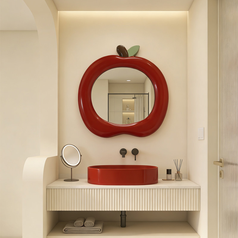 包豪斯风苹果造型设计化妆镜卫生间不规则梳妆镜多巴胺可爱浴室镜