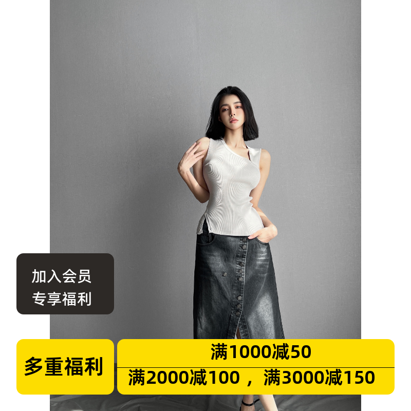 4折设计师品牌AOSO女装复古单边上翻牛仔纽扣半身裙长裙火山灰