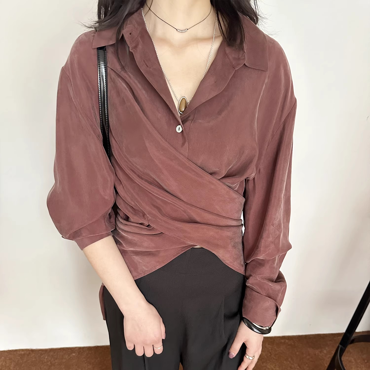 ASCRIPTION25春夏女士简约铜氨系腰两穿设计师感长袖衬衫