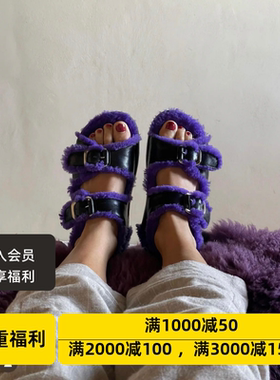 6折设计品牌FURDELUXE女士休闲梅里贝尔紫露趾毛毛鞋凉鞋紫色