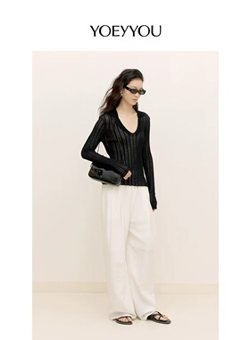 设计师品牌YOEYYOU24春夏新品不规则波浪针织镂空翻领长袖T恤上衣