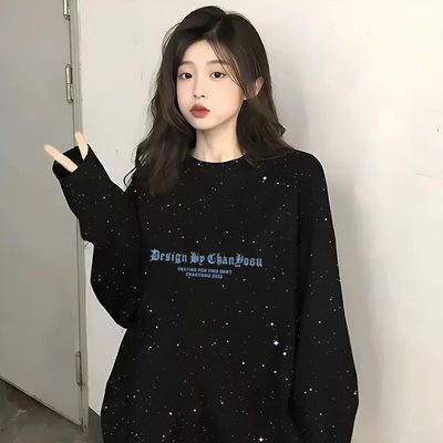 爆款满天星长袖体恤外穿新款黑色圆领秋季宽松显瘦印花上衣高级感