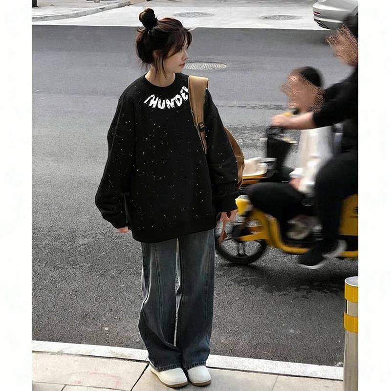 秋冬新款圆领卫衣女学生韩版原宿风宽松加绒甜美情侣百搭亮片上衣