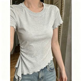 夏季百搭独特风新款木耳边纯色短袖T恤女款通勤甜美修身显瘦上衣