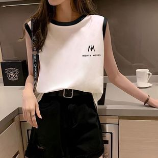 ins风潮牌辣妹风2025夏季 T恤女宽松黑白拼接背心上衣 新款 纯棉无袖