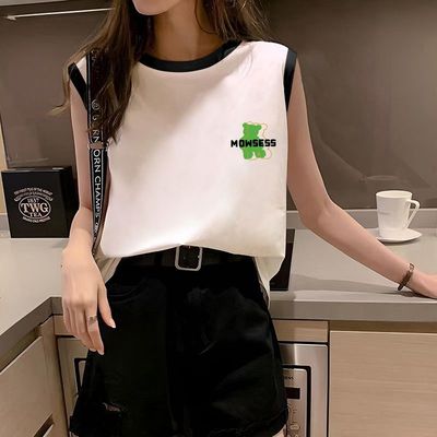 2025夏季无袖背心T恤女生个性黑白撞色ins运动休闲印花中长款上衣
