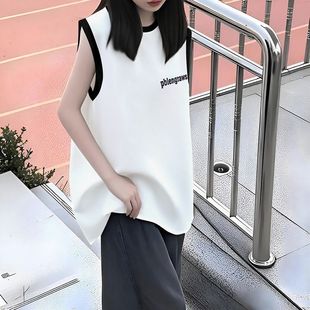 宽松圆领百搭薄款 2025新款 T恤女生黑白夏季 韩版 ins上衣服 印花无袖