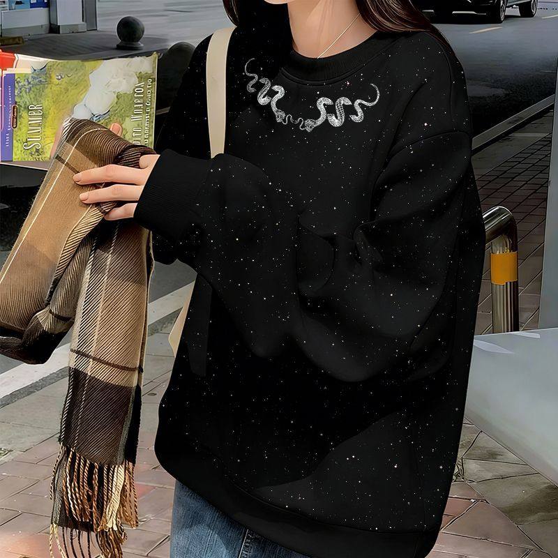 黑色秋冬新款亮片圆领加绒卫衣女小众宽松原宿风时尚简约闺蜜上衣