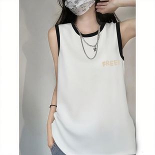 潮流小众无袖 ins潮牌 t恤上衣女夏季 纯棉百搭外穿拼接撞色宽松无袖