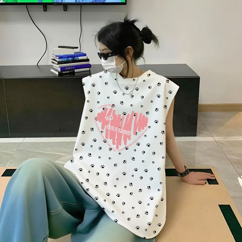 纯棉白色圆领无袖T恤女夏季2025新款宽松百搭休闲字母印花上衣潮