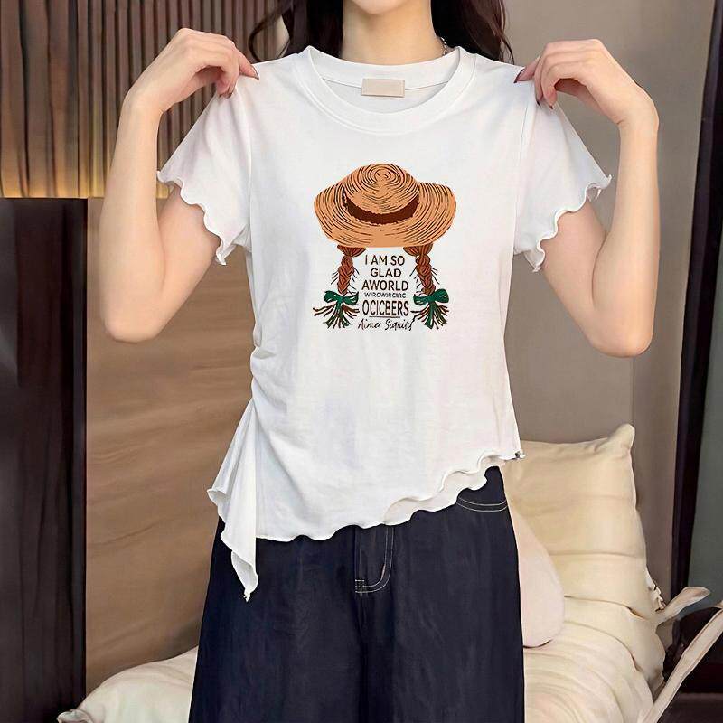 不规则短袖灰色女士T恤短袖2026夏日新款外穿体恤上衣收腰木耳边