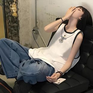 新款 美式 夏季 纯棉无袖 拼接撞色宽松外穿背心上衣ins风潮流 t恤女款