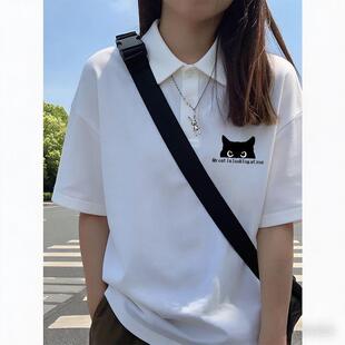 纯棉宽松显瘦t恤女款百搭Polo衫ins风初夏新款韩版五分袖薄款上衣