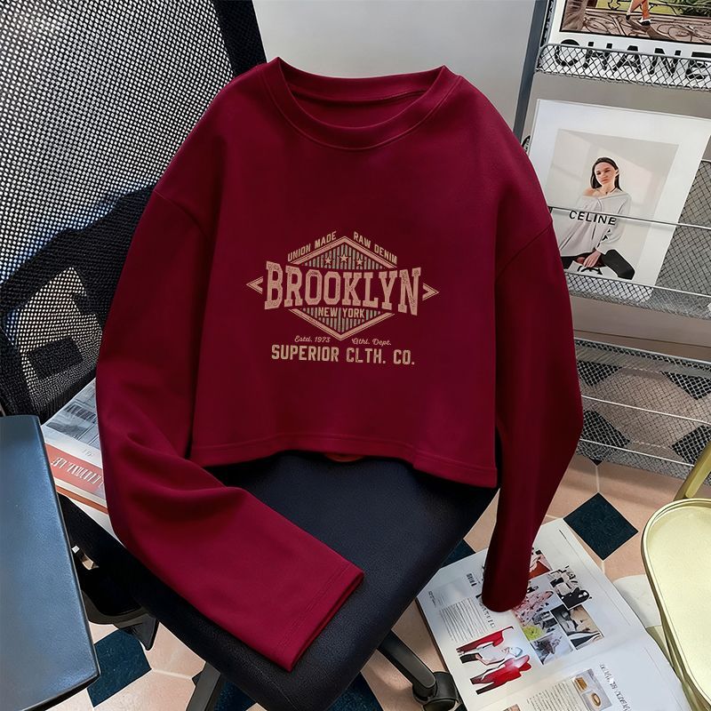 秋季新短款长袖T恤女生韩版宽松百搭ins慵懒风上衣服潮流简约高级