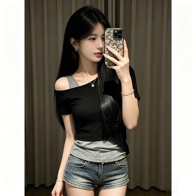 外穿美式复古辣妹假两件斜肩短袖T恤女装夏日新款修身显瘦上衣ins