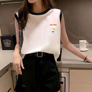 夏季 背心t恤女复古ins慵懒风百搭休闲上衣 纯棉美式 小众设计感无袖
