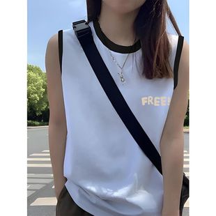 宽松ins潮2025新款 纯棉网红美式 t恤女夏季 复古中长款 学生上衣 无袖