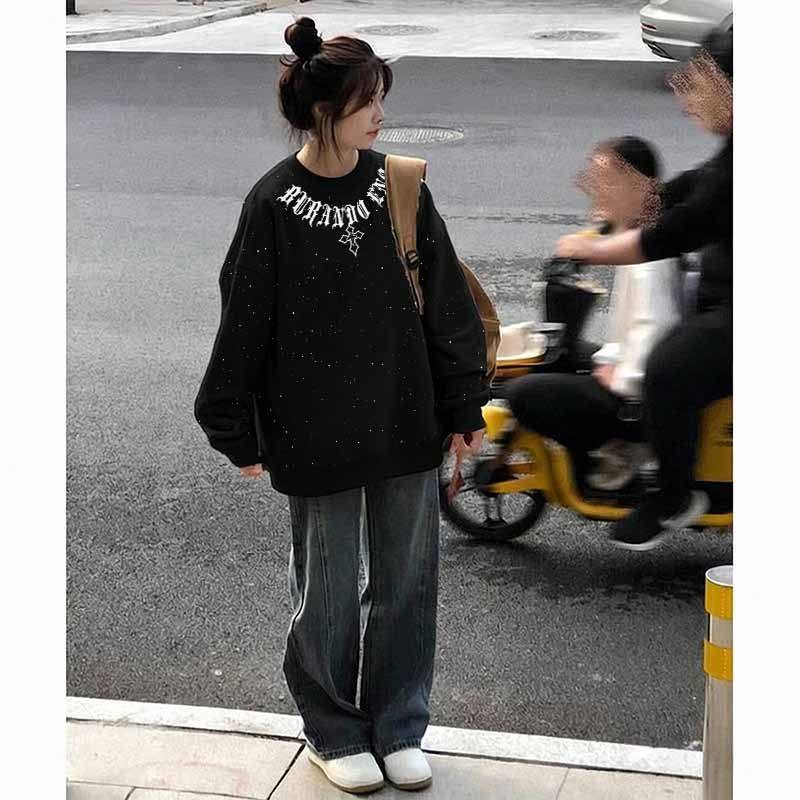 满天星秋冬新款黑色圆领加绒卫衣女小众宽松原宿风时尚简约上衣服