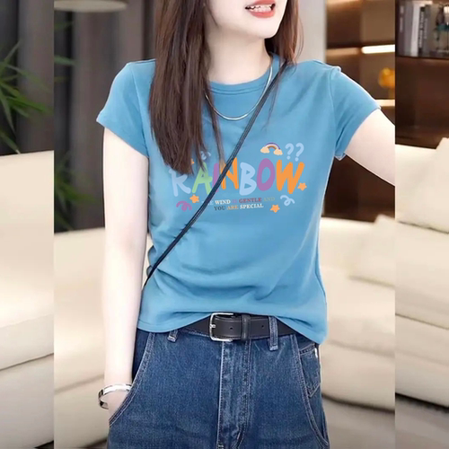 夏季个性海蓝色圆领短袖T恤女修身字母印花慵懒风上衣ins潮流闺蜜