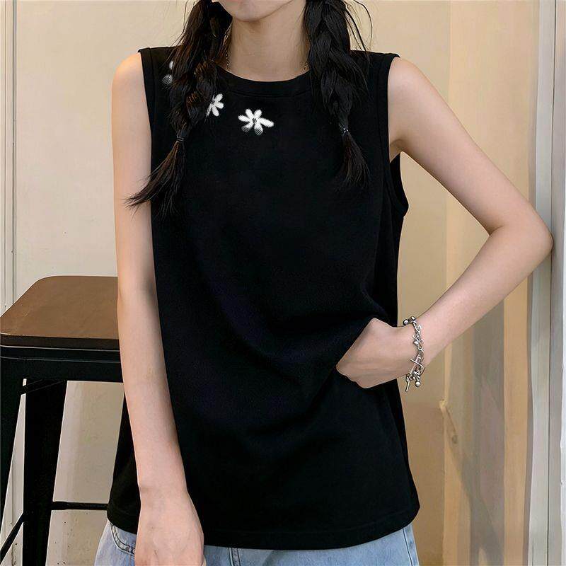 夏款无袖背心T恤女生宽松显瘦设计感潮流黑色纯棉运动打底上衣服