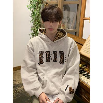 美式重磅豹纹帽衫卫衣男款秋冬加绒加厚字母贴布刺绣宽松情侣外套