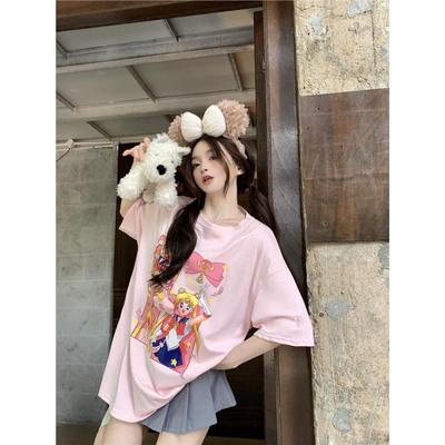 重磅纯棉韩国可爱卡通美少女印花短袖T恤女夏季水冰月粉色上衣潮