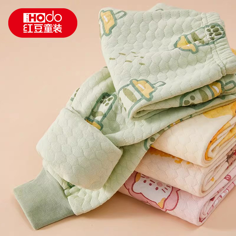 红豆儿童保暖裤秋冬男大童女童线裤纯棉加厚三层夹棉衬裤高腰秋裤