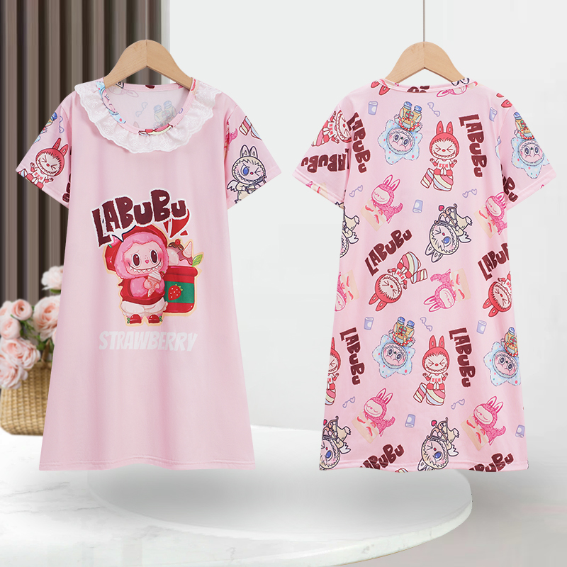 儿童睡衣短袖竖条拉布布连衣裙睡裙动漫甜美小女童家居服薄款夏装