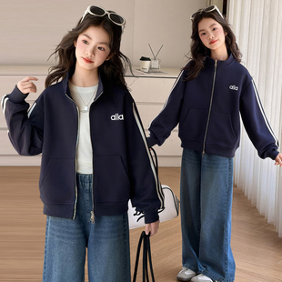 女童深蓝色拉链外套韩式休闲牛仔裤条纹棒球服百搭中小学生套装秋