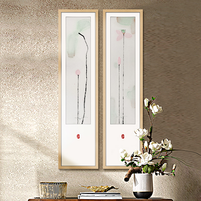 新中式荷花装饰画四条屏竖版书房壁画酒店房间玄关走廊样板房挂画图片