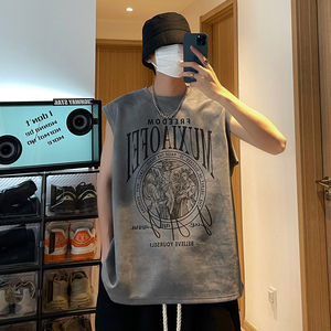 美式复古运动背心男款ins潮牌夏季宽松百搭痞帅鹿皮绒休闲无袖t恤