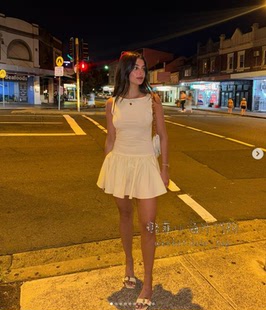 reformation 代购拼接材质船领无袖迷你蓬蓬连衣裙