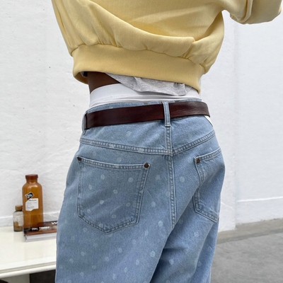 scuffers 代购点点浅蓝色宽松直筒牛仔裤