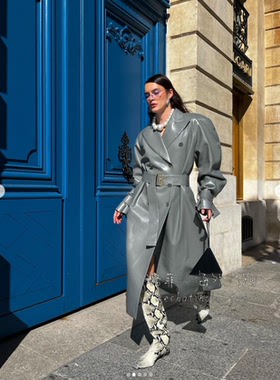 ROWEN ROSE 代购生态皮革束腰廓形皮衣风衣