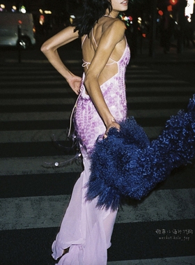 rat and boa 代购紫色亮片露背长连衣裙