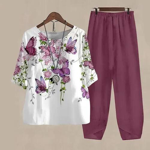 Ladies Elegant Vintage Suit Butterfly Print White Two Piece