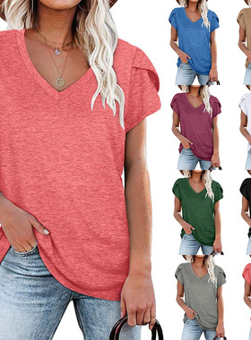 2024ebay Solid Color V-neck Short-sleeved T-shirt ops For Wo