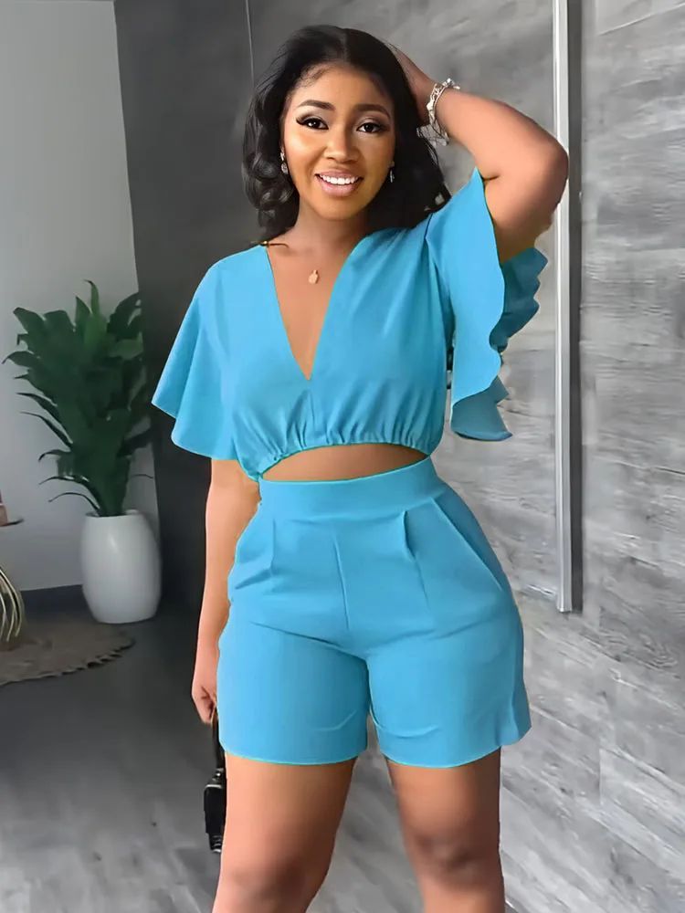 Summer V Neck Short ops Women's Set Solid Color Fashion Flou