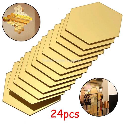24pcs Hexagon Mirror Sticker Gold Self Adhesive Mosaic Tiles