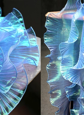 1 Yard Blue Lace Fabric Pleated Mermaid Effect Laser Neon Lu