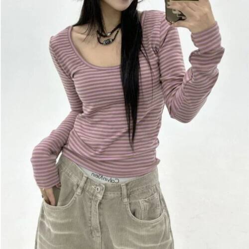 Sweet   Retro Stripe Versatile Tee Slim Fit Long Sleeved T-s
