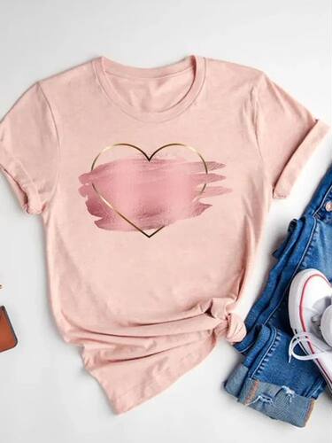 Women Pink Watercolor Love Heart Sweet Fashion Short Sleeve